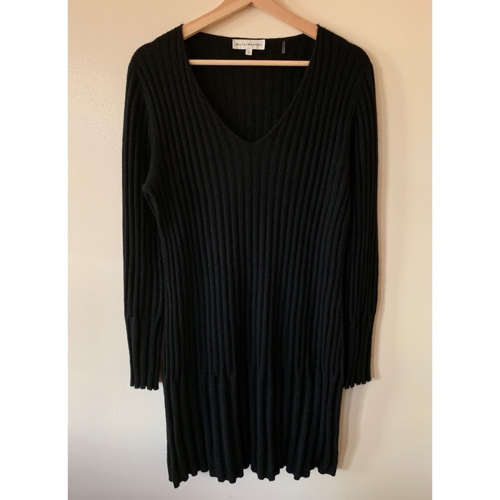 White + Warren • L • Ribbed 100% Cashmere V-Neck Long Sleeve Black Sweater Dress